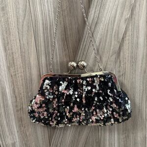 Sequin Evening Clutch Bag - Black and Silver
